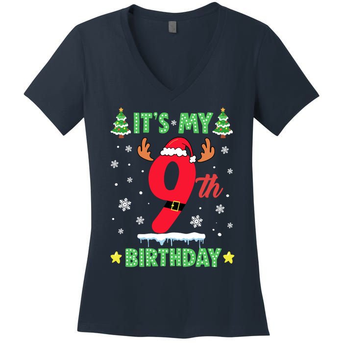 Merry Christmas ItS My 9th Birthday Xmas Women's V-Neck T-Shirt