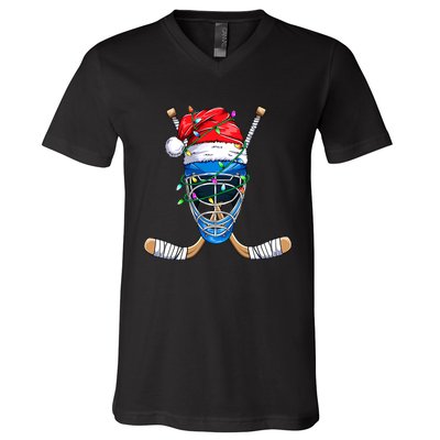 Merry Christmas Ice Hockey Dabbing Santa Claus Hockey Playe V-Neck T-Shirt