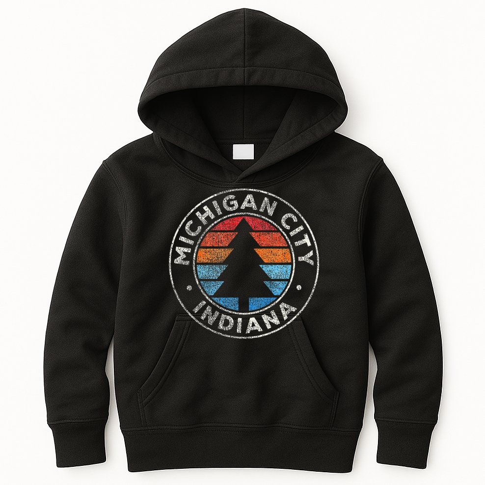 Michigan City Indiana In Vintage Graphic Retro 70s Kids Hoodie
