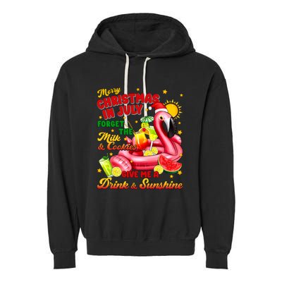 Merry Christmas In July Drink And Sunshine Flamingo Garment-Dyed Fleece Hoodie