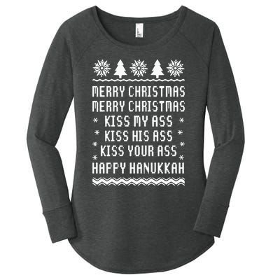 Merry Christmas Kiss My Ass Kiss His Ass Kiss Your Ass Happy Hanukkah Women's Perfect Tri Tunic Long Sleeve Shirt