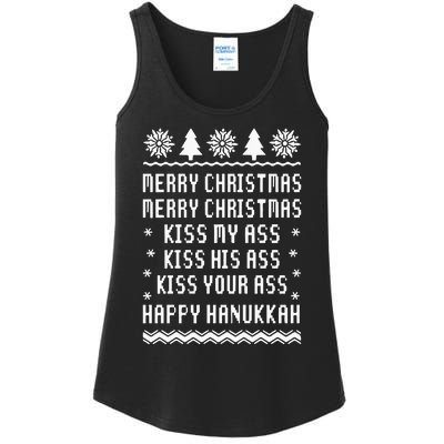 Merry Christmas Kiss My Ass Kiss His Ass Kiss Your Ass Happy Hanukkah Ladies Essential Tank