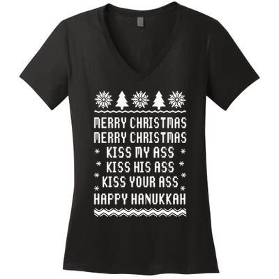 Merry Christmas Kiss My Ass Kiss His Ass Kiss Your Ass Happy Hanukkah Women's V-Neck T-Shirt