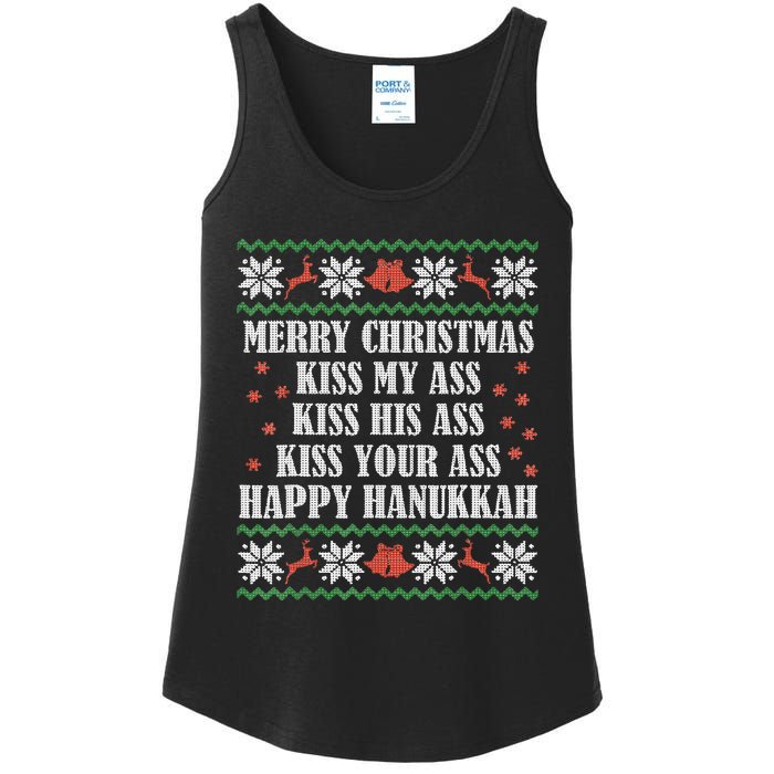 Merry Christmas K.iss My Ass His Ass Your Ass Happy Hanukkah Ladies Essential Tank