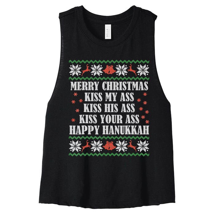 Merry Christmas K.iss My Ass His Ass Your Ass Happy Hanukkah Women's Racerback Cropped Tank