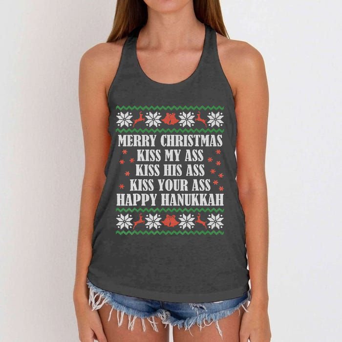 Merry Christmas K.iss My Ass His Ass Your Ass Happy Hanukkah Women's Knotted Racerback Tank