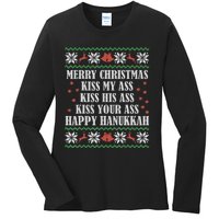 Merry Christmas K.iss My Ass His Ass Your Ass Happy Hanukkah Ladies Long Sleeve Shirt