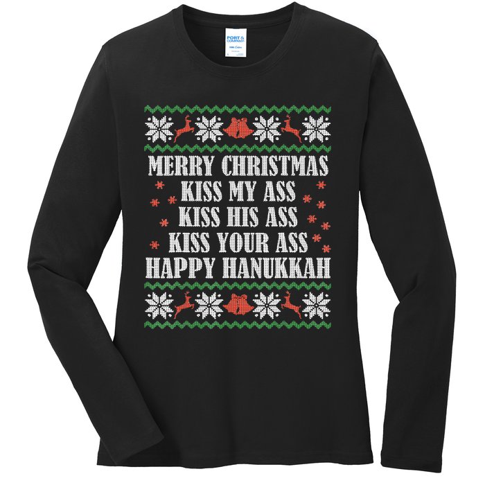 Merry Christmas K.iss My Ass His Ass Your Ass Happy Hanukkah Ladies Long Sleeve Shirt