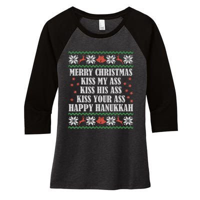 Merry Christmas K.iss My Ass His Ass Your Ass Happy Hanukkah Women's Tri-Blend 3/4-Sleeve Raglan Shirt