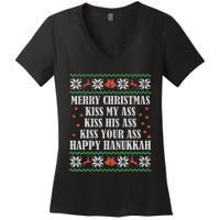 Merry Christmas K.iss My Ass His Ass Your Ass Happy Hanukkah Women's V-Neck T-Shirt