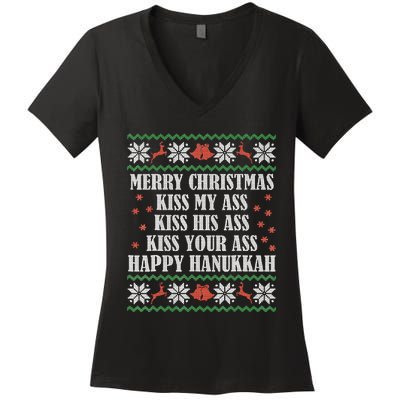 Merry Christmas K.iss My Ass His Ass Your Ass Happy Hanukkah Women's V-Neck T-Shirt