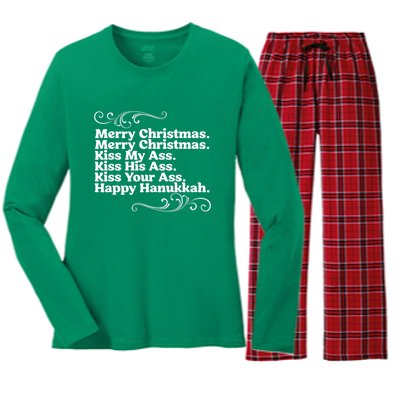 Merry Christmas K.iss My Ass Quote Christmas Vacation Women's Long Sleeve Flannel Pajama Set 