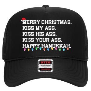 Merry Christmas Kiss My Ass His Ass Your Ass Happy Hanukkah Long Sleeve High Crown Mesh Back Trucker Hat