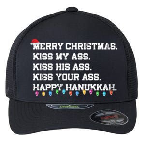 Merry Christmas Kiss My Ass His Ass Your Ass Happy Hanukkah Long Sleeve Flexfit Unipanel Trucker Cap