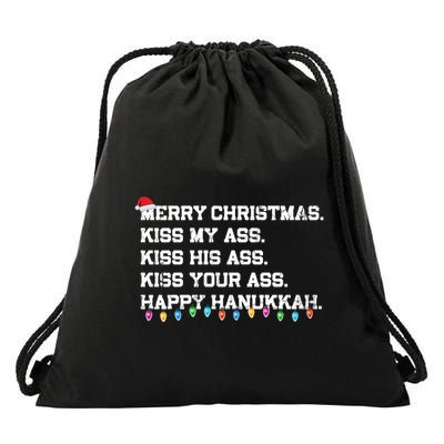 Merry Christmas Kiss My Ass His Ass Your Ass Happy Hanukkah Long Sleeve Drawstring Bag
