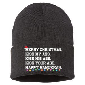 Merry Christmas Kiss My Ass His Ass Your Ass Happy Hanukkah Long Sleeve Sustainable Knit Beanie