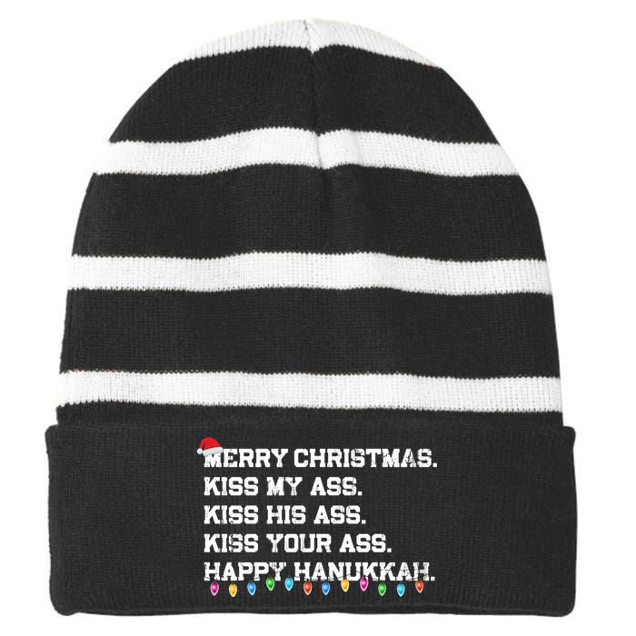 Merry Christmas Kiss My Ass His Ass Your Ass Happy Hanukkah Long Sleeve Striped Beanie with Solid Band