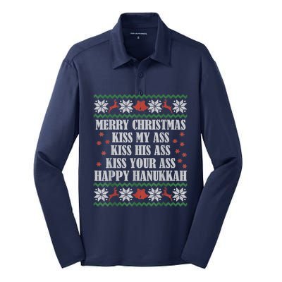 Merry Christmas Kiss My Ass His Ass Your Ass Happy Hanukkah Silk Touch Performance Long Sleeve Polo