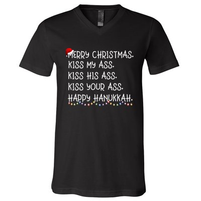 Merry Christmas Kis.s My Ass His Ass Your Ass Happy Hanukkah V-Neck T-Shirt