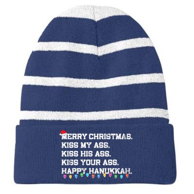 Merry Christmas Kiss My Ass His Ass Your Ass Happy Hanukkah Striped Beanie with Solid Band