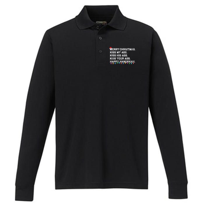 Merry Christmas Ki.ss My Ass His Ass Your Ass Happy Hanukkah  Performance Long Sleeve Polo