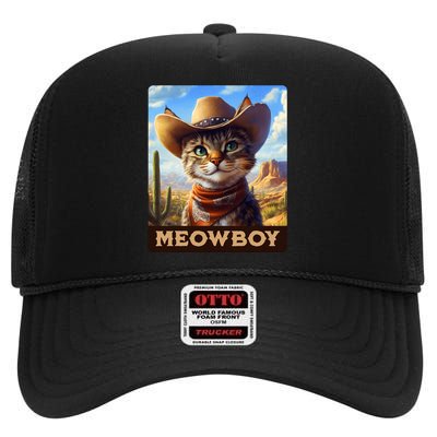 Meowboy Cowboy Kitten Western Whiskers Cat High Crown Mesh Back Trucker Hat