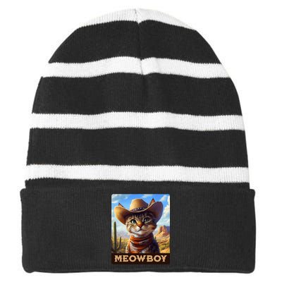 Meowboy Cowboy Kitten Western Whiskers Cat Striped Beanie with Solid Band