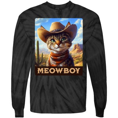 Meowboy Cowboy Kitten Western Whiskers Cat Tie-Dye Long Sleeve Shirt