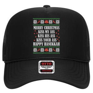 Merry Christmas kissing My Ass His Ass Your Ass Happy Hanukkah High Crown Mesh Back Trucker Hat