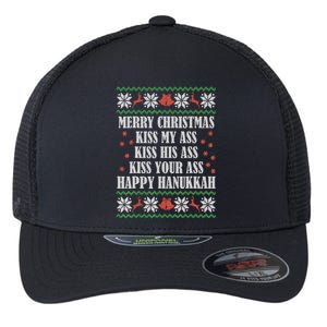 Merry Christmas kissing My Ass His Ass Your Ass Happy Hanukkah Flexfit Unipanel Trucker Cap