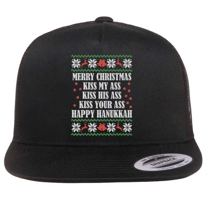 Merry Christmas kissing My Ass His Ass Your Ass Happy Hanukkah Flat Bill Trucker Hat