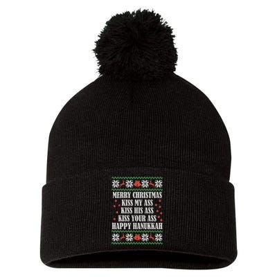 Merry Christmas kissing My Ass His Ass Your Ass Happy Hanukkah Pom Pom 12in Knit Beanie