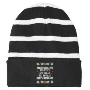 Merry Christmas kissing My Ass His Ass Your Ass Happy Hanukkah Striped Beanie with Solid Band