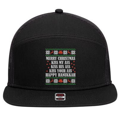 Merry Christmas Kiss My Ass His Ass Your Ass Happy Hanukkah 7 Panel Mesh Trucker Snapback Hat