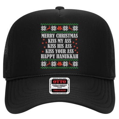 Merry Christmas Kiss My Ass His Ass Your Ass Happy Hanukkah High Crown Mesh Back Trucker Hat