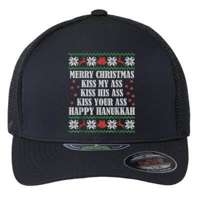 Merry Christmas Kiss My Ass His Ass Your Ass Happy Hanukkah Flexfit Unipanel Trucker Cap