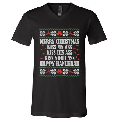 Merry Christmas Kiss My Ass His Ass Your Ass Happy Hanukkah V-Neck T-Shirt