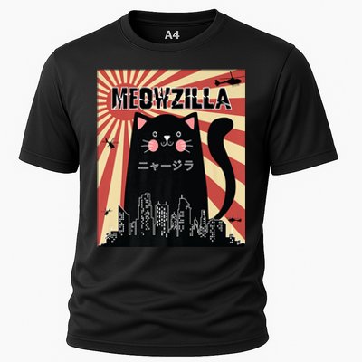 Meowzilla Cat Kitten Japanese Anime Sunset Vintage Retro Cooling Performance Crew T-Shirt