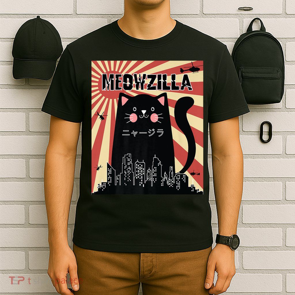 Meowzilla Cat Kitten Japanese Anime Sunset Vintage Retro T-Shirt