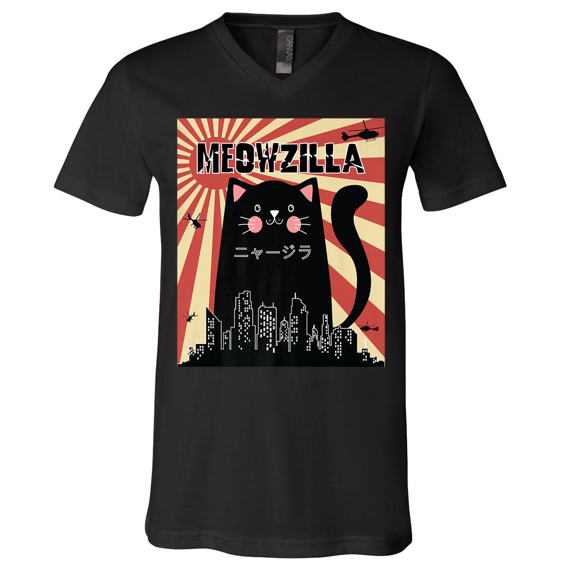 Meowzilla Cat Kitten Japanese Anime Sunset Vintage Retro V-Neck T-Shirt