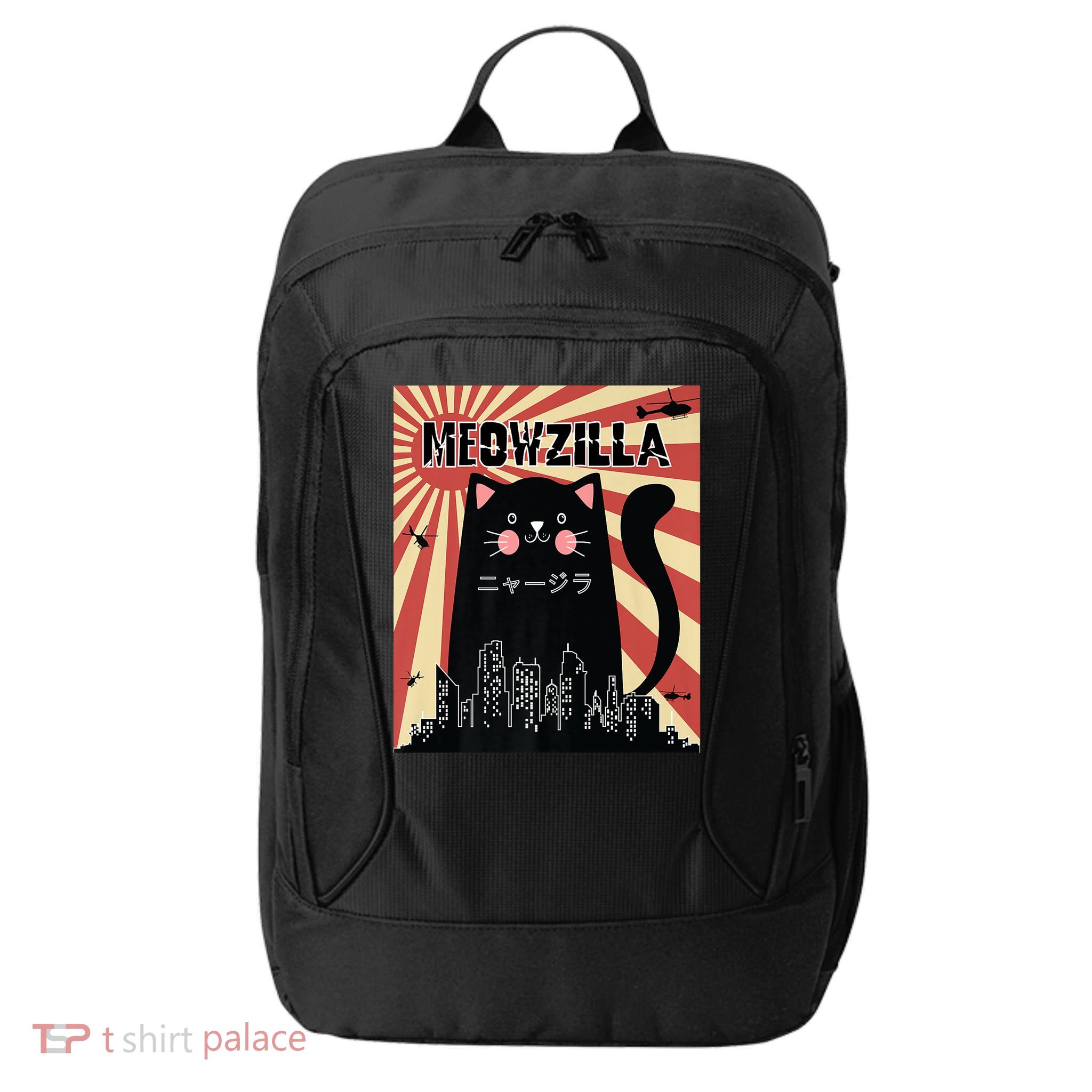 Meowzilla Cat Kitten Japanese Anime Sunset Vintage Retro City Backpack