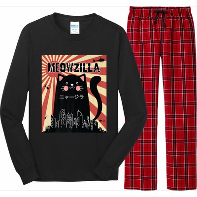 Meowzilla Cat Kitten Japanese Anime Sunset Vintage Retro Long Sleeve Pajama Set