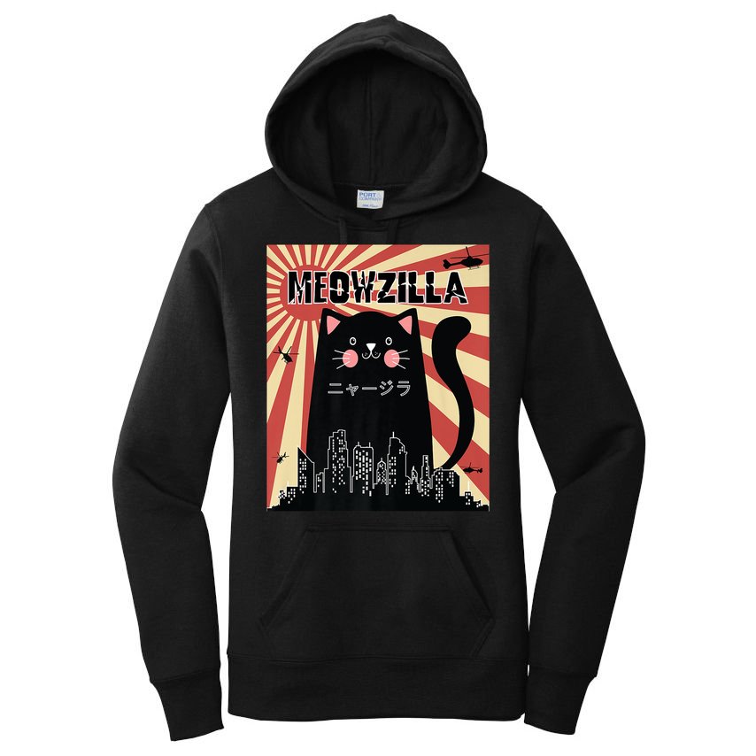 Meowzilla Cat Kitten Japanese Anime Sunset Vintage Retro Women's Pullover Hoodie