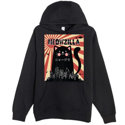 Meowzilla Cat Kitten Japanese Anime Sunset Vintage Retro Premium Pullover Hoodie