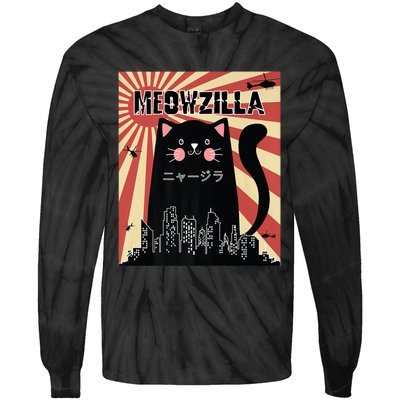 Meowzilla Cat Kitten Japanese Anime Sunset Vintage Retro Tie-Dye Long Sleeve Shirt