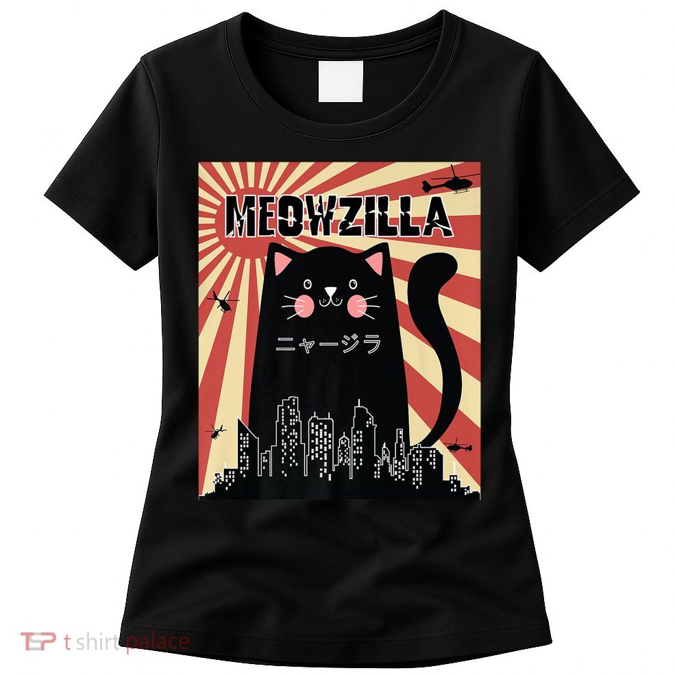 Meowzilla Cat Kitten Japanese Anime Sunset Vintage Retro Womens T-Shirt