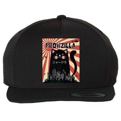 Meowzilla Cat Kitten Japanese Anime Sunset Vintage Retro Wool Snapback Cap