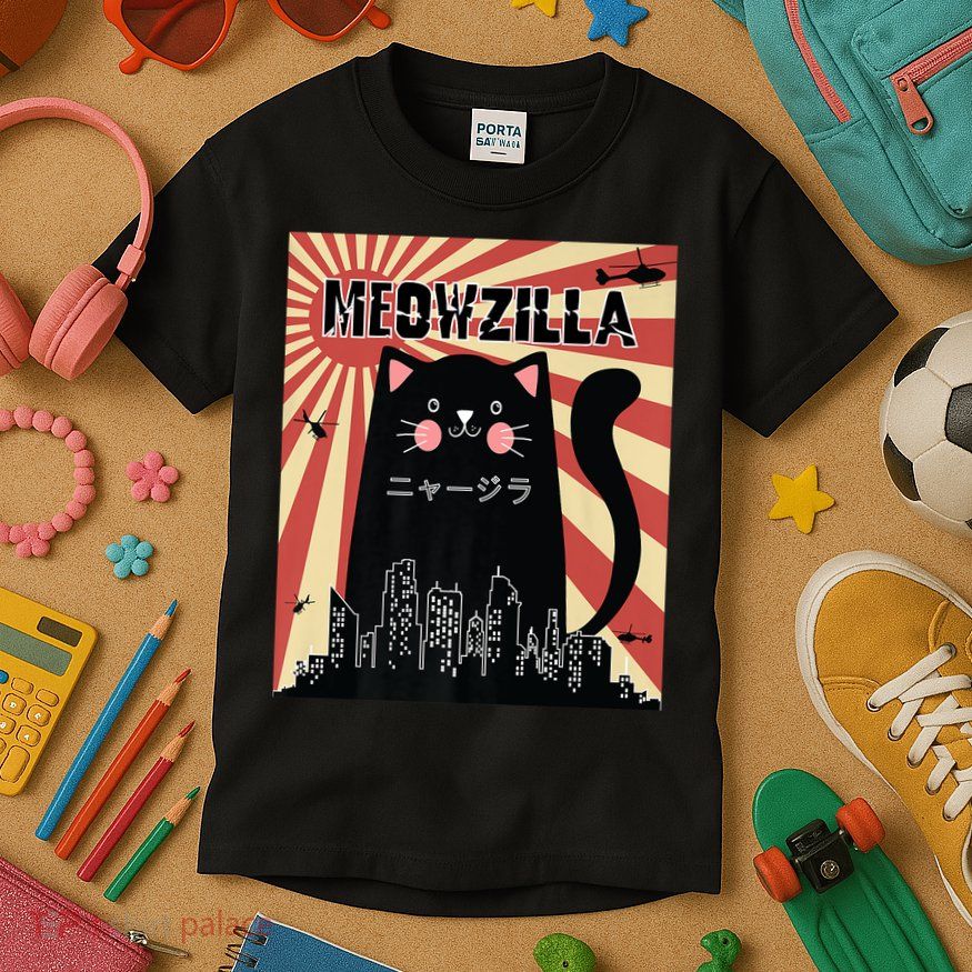 Meowzilla Cat Kitten Japanese Anime Sunset Vintage Retro Kids T-Shirt