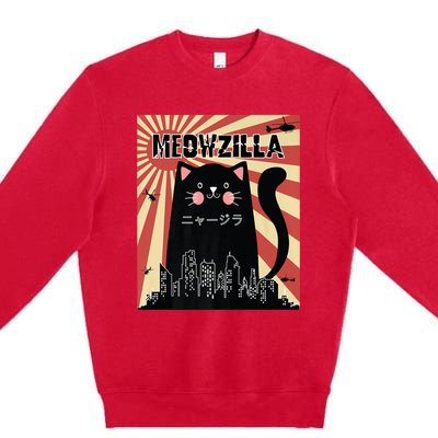 Meowzilla Cat Kitten Japanese Anime Sunset Vintage Retro Premium Crewneck Sweatshirt