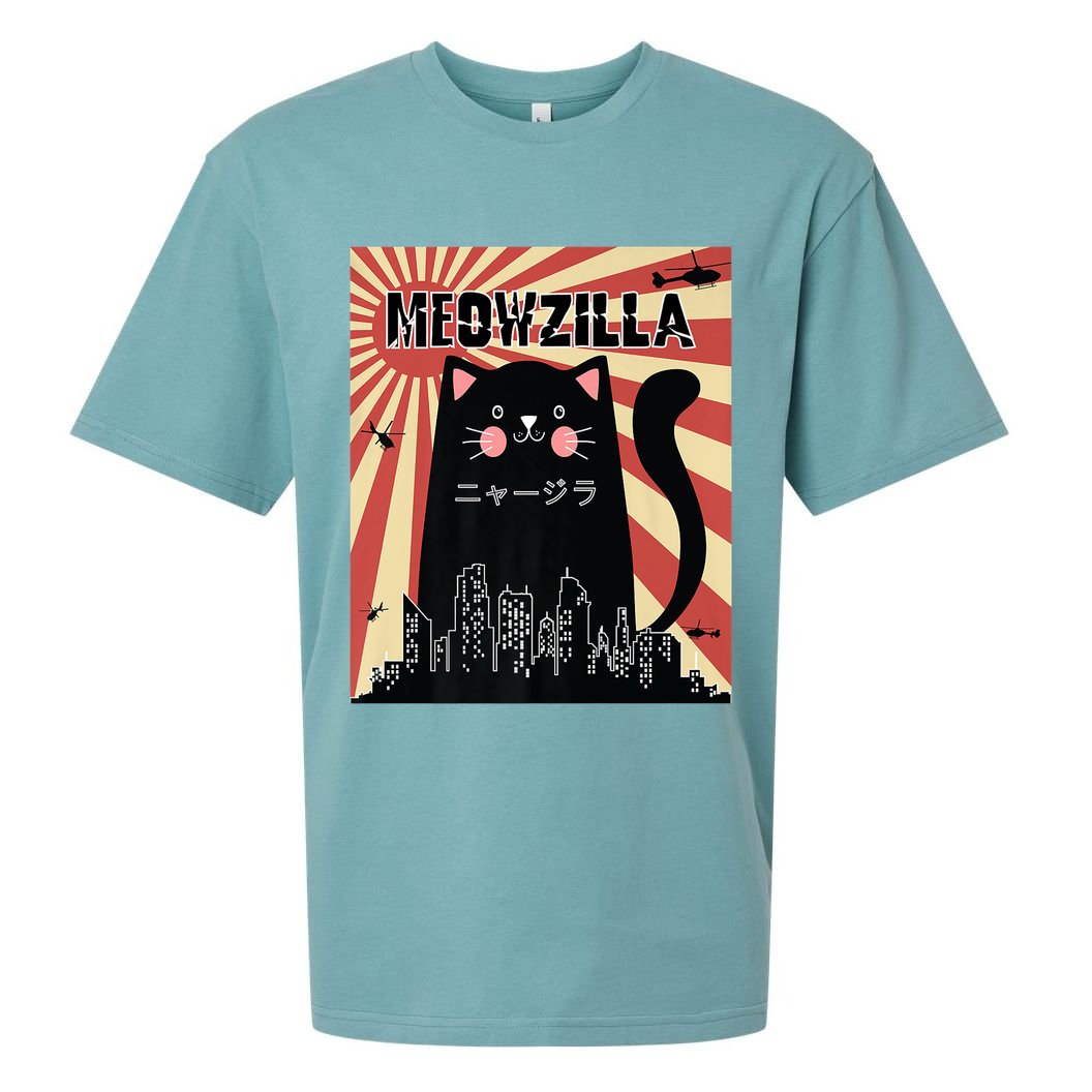 Meowzilla Cat Kitten Japanese Anime Sunset Vintage Retro Sueded Cloud Jersey T-Shirt
